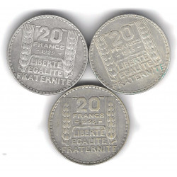 Lot de 3 monnaies de 20 Francs Turin argent – 1929 et 1933.