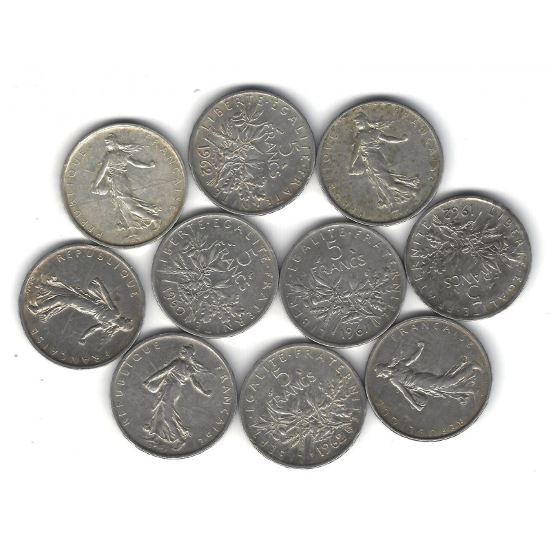 Lot de 10 monnaies de 5 Francs Semeuse argent – 1960 à 1965.