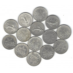 Lot de 14 monnaies de 2 Francs Semeuse argent – 1898 à 1918.