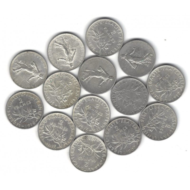 Lot de 14 monnaies de 2 Francs Semeuse argent – 1898 à 1918.