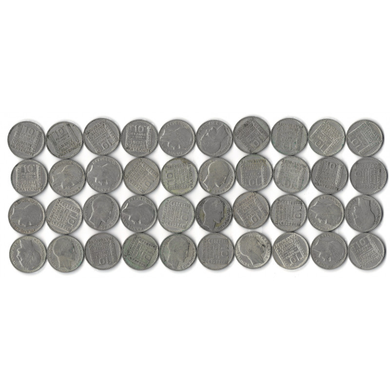 Lot de 40 monnaies de 10 Francs Turin argent, 1929-1939.