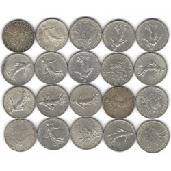 Lot de 20 monnaies de 1 Franc Semeuse argent – 1898 à 1920.
