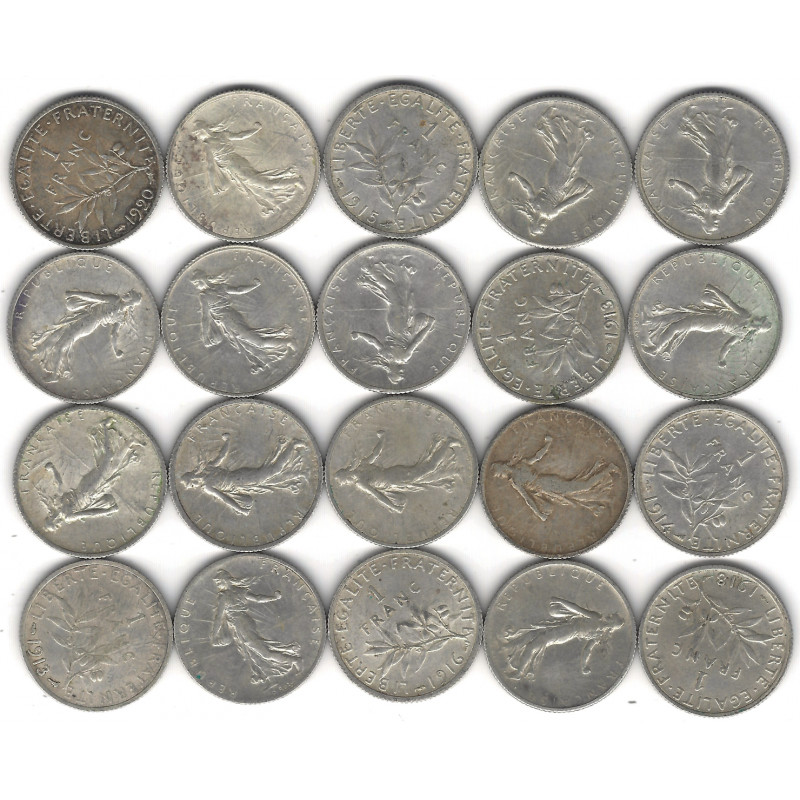 Lot de 20 monnaies de 1 Franc Semeuse argent – 1898 à 1920.