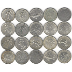 Lot de 20 monnaies de 1 Franc Semeuse argent – 1898 à 1920.