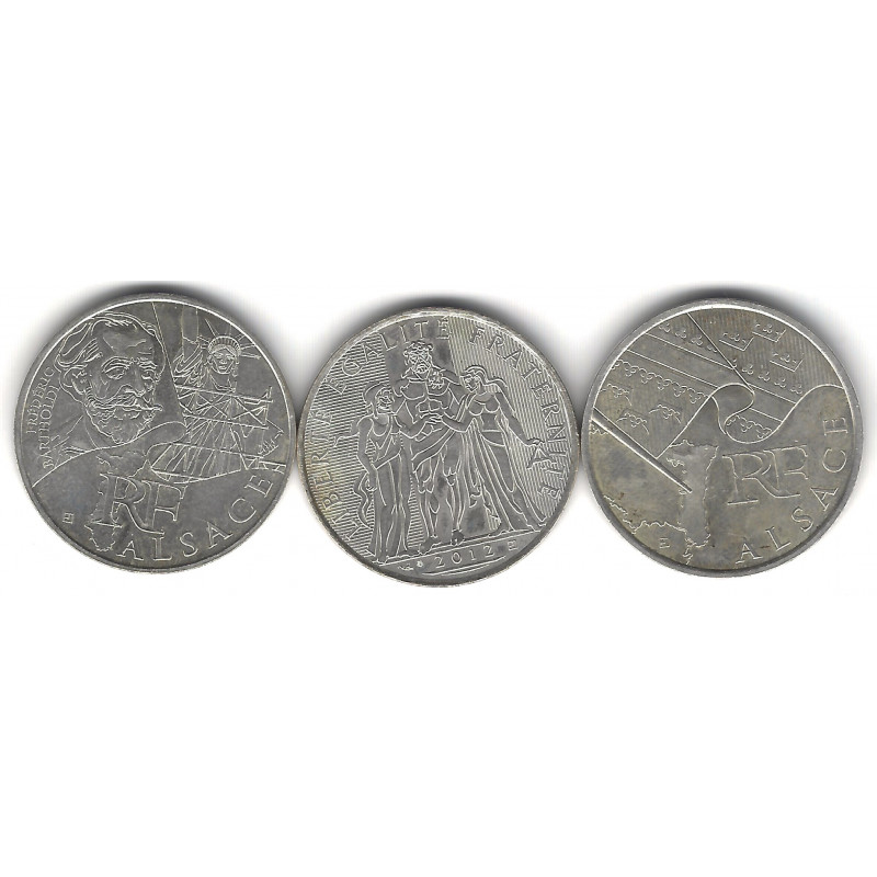 Lot de 3 monnaies de 10 € en argent – France – 2010 et 2012.