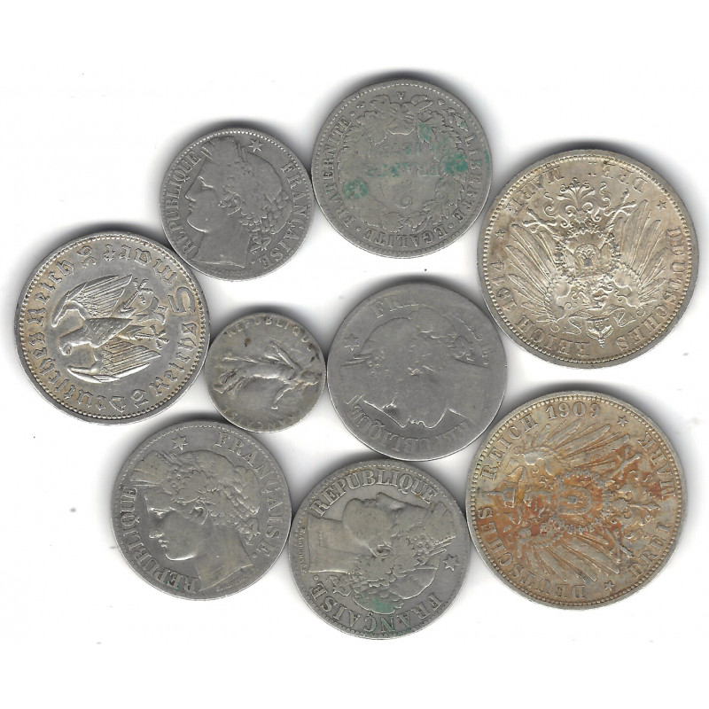 Lot de 9 monnaies anciennes en argent – France & Allemagne – 1872 à 1934.