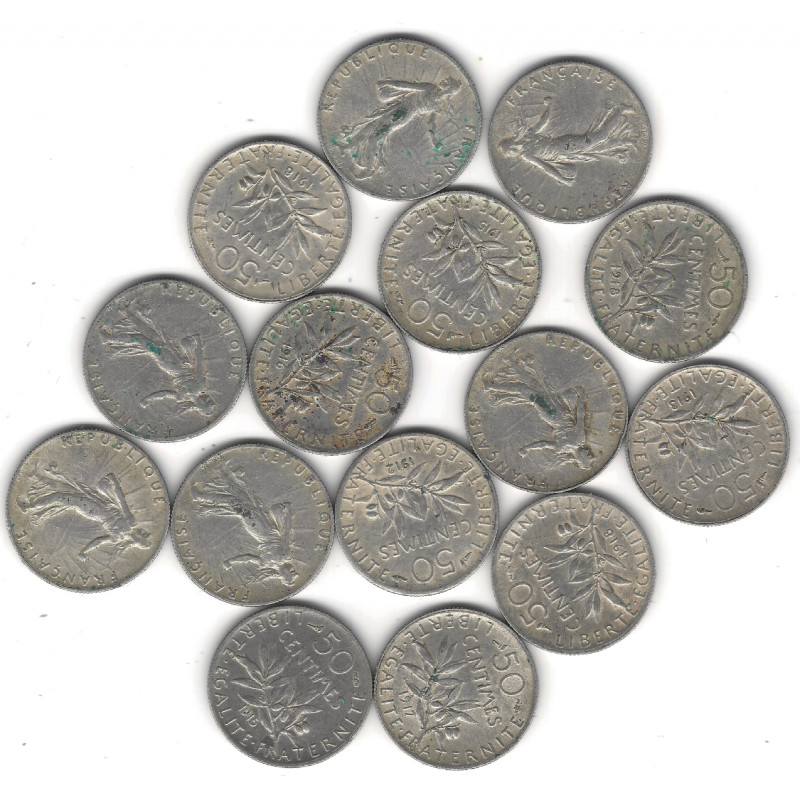 Lot de 15 monnaies de 50 centimes Semeuse argent – 1898 à 1920.