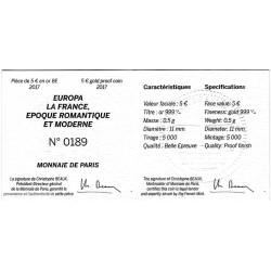 5 euros Or 2017 – Europa époque romantique et moderne en coffret BE.