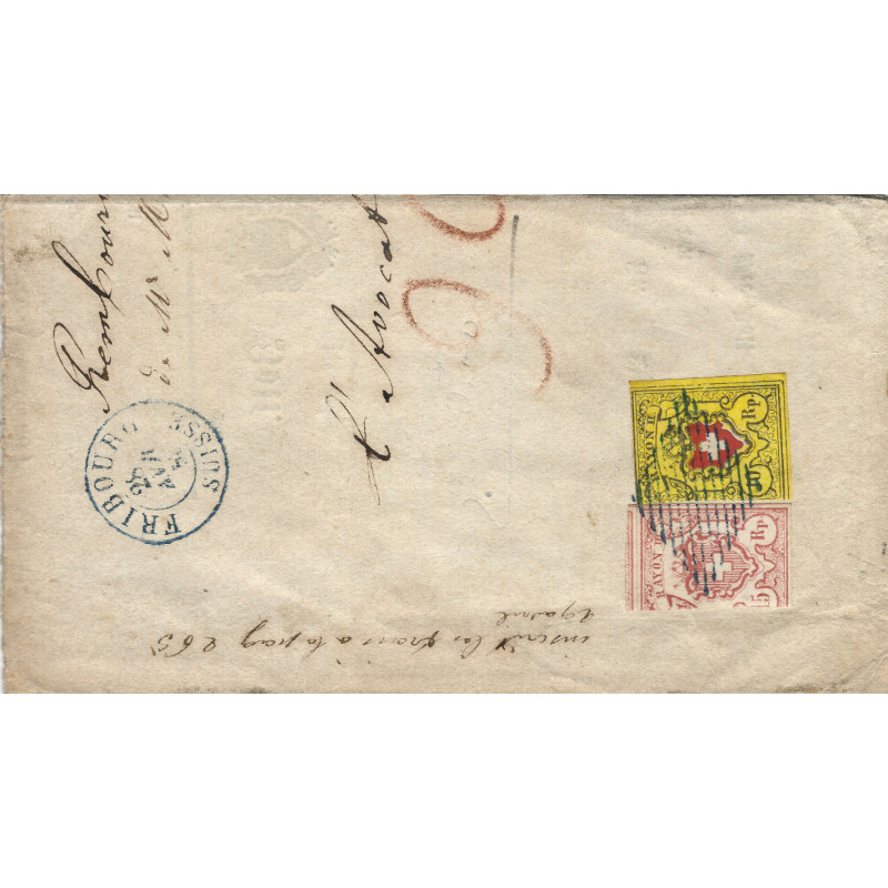 Suisse timbre N°15 et 23 oblitérés sur fragment de Fribourg.