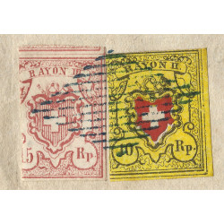 Suisse timbre N°15 et 23 oblitérés sur fragment de Fribourg.