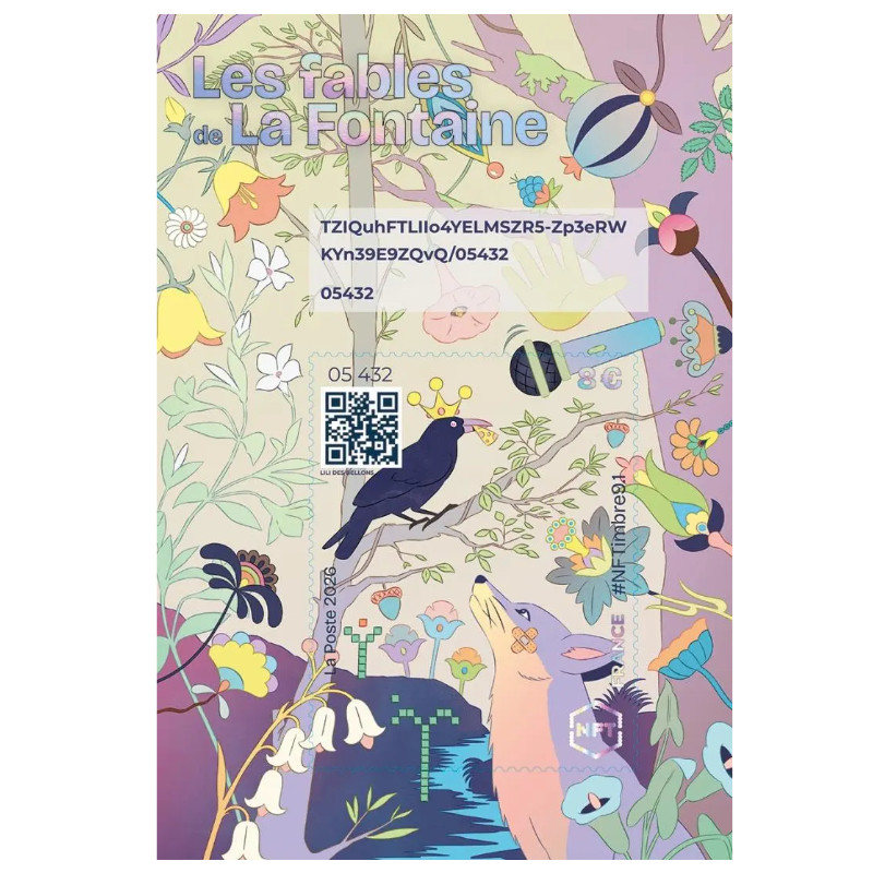 Feuillet crypto NFTimbre9.1 Les fables de la Fontaine, le Corbeau et le Renard.