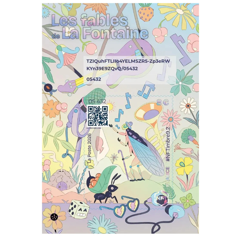 Feuillet crypto NFTimbre9.2 Les fables de la Fontaine, la Cigale et la Fourmi.