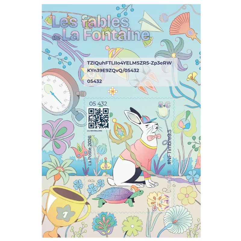 Feuillet crypto NFTimbre9.3 Les fables de la Fontaine, le Lièvre et la Tortue.