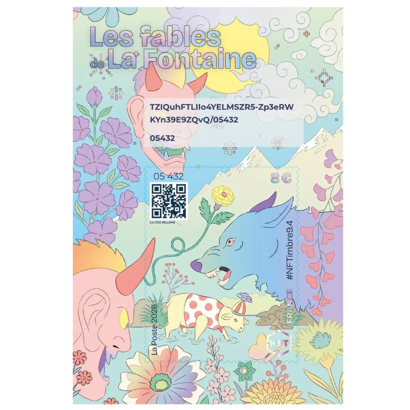 Feuillet crypto NFTimbre9.4 Les fables de la Fontaine, le Loup et l'Agneau.