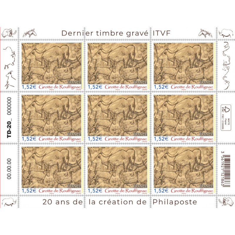 Feuillet de 9 timbres Grotte de Rouffignac - Dernier timbre gravé ITVF neuf**.