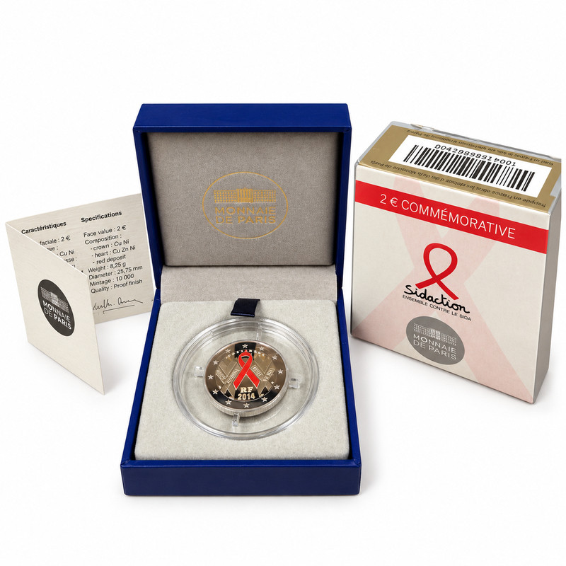2 euros commémorative France 2014 - SIDACTION, Ruban rouge en coffret BE.