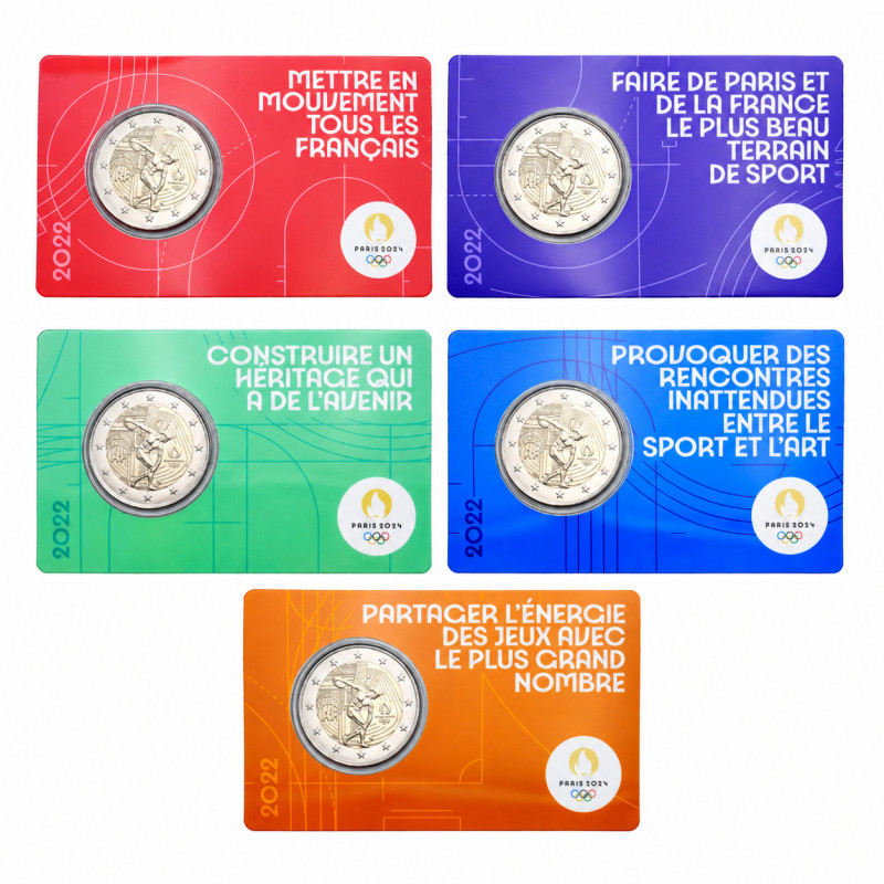 Série de 5 coincards 2 euros BU 2022 France Le Génie JO Paris 2024.