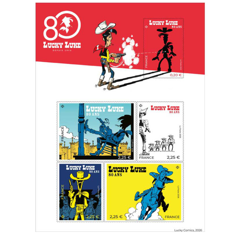 Feuillet de 5 timbres 80 ans de Lucky Luke 2026 neuf**.