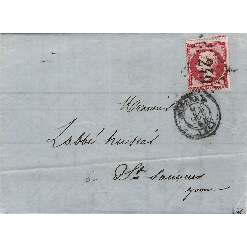 Empire timbre de France N°24a oblitéré GC 249 sur pli pour Saint sauveur Yonne 1864.