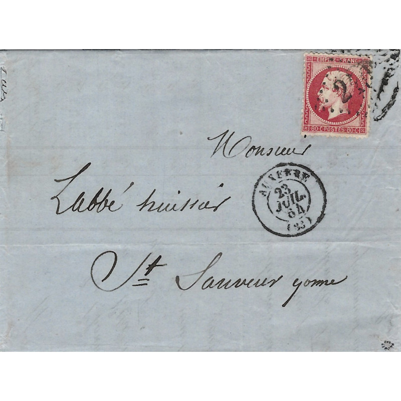 Empire timbre de France N°24 oblitéré GC 249 sur pli pour Saint sauveur Yonne 1864.