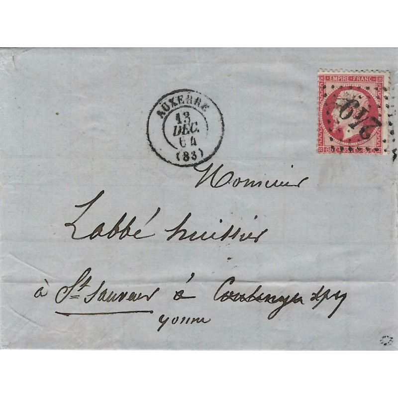 Empire timbre de France N°24 oblitéré GC 249 sur pli pour Saint sauveur Yonne 1864.