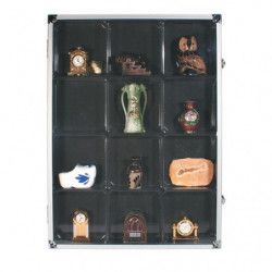 Vitrine en aluminium avec 12 cases pour objets de collection.