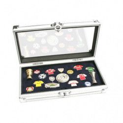 Coffret-vitrine alu pour présenter divers objets de collection.