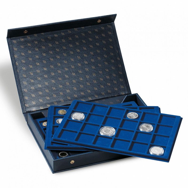 Coffret numismatique pour présenter 128 monnaies de collection.