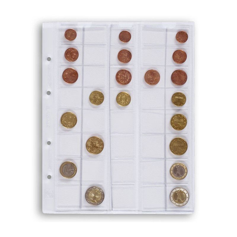 Feuilles numismatiques Optima pour 5 jeux complets de pièces d'euros.