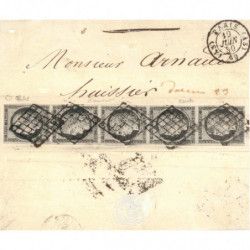 Cérès N°3a bande verticale de 5 timbres oblitérés grille sur pli de 1850, SUP. R