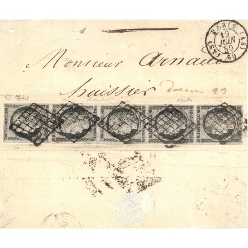 Cérès N°3a bande de 5 timbres oblitérés grille sur pli de 1850. R
