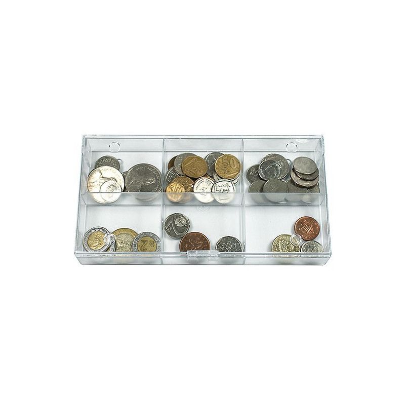 Boite transparente à 6 compartiments pour objets de collection.