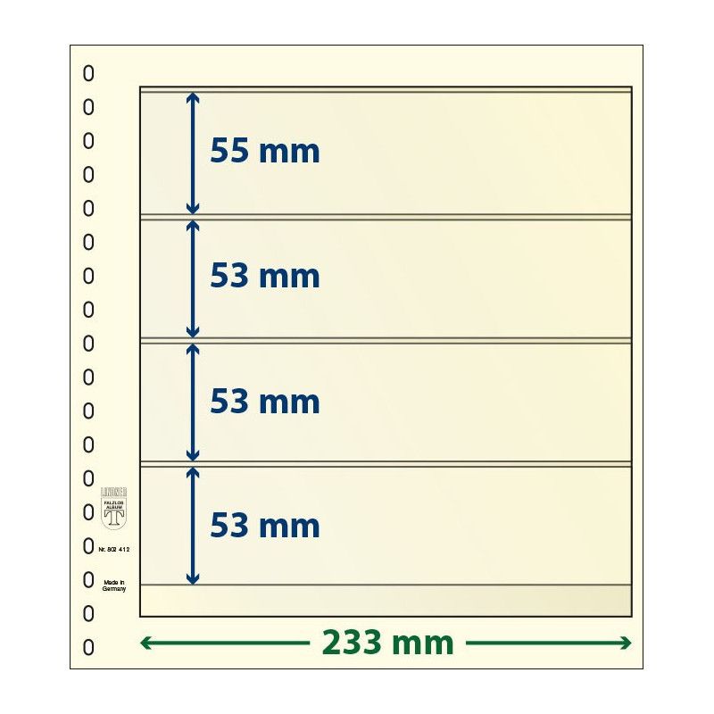 Feuilles neutres Lindner dT recto-verso à 4 bandes pour timbres.