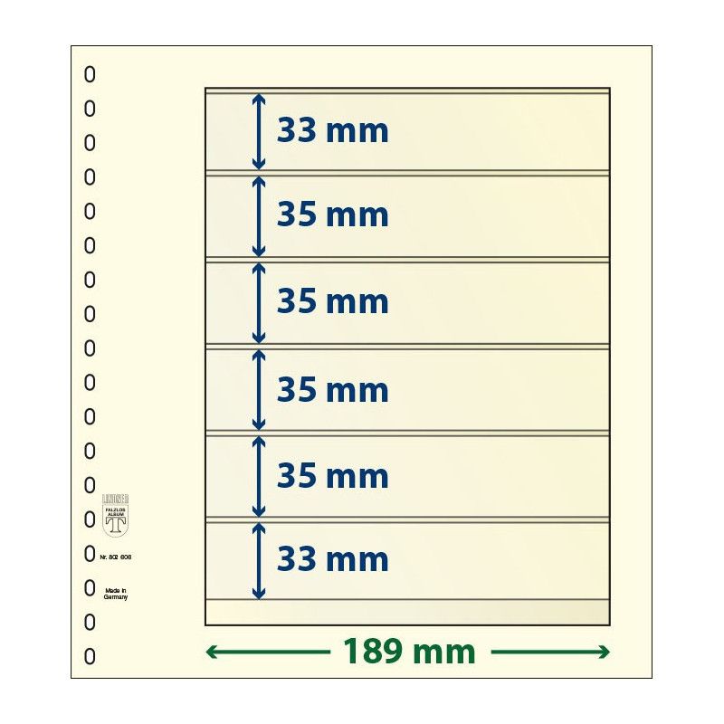 Feuilles neutres Lindner dT recto-verso à 6 bandes pour timbres.