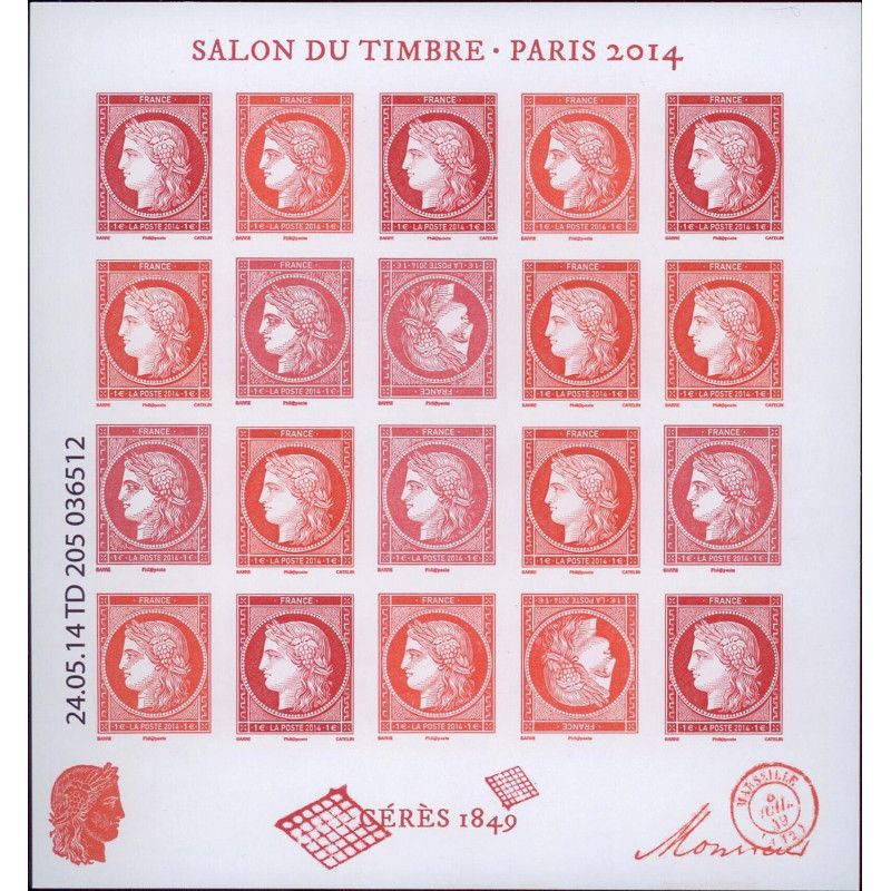 Feuillet de 20 timbres Cérès vermillon N°F4871 neuf**.