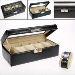 Coffret lux en simili-cuir noir pour présenter 5 montres de collection.