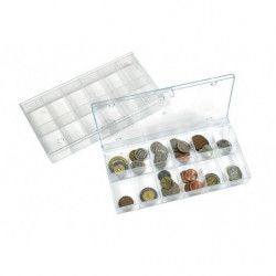 Boite transparente à 12 compartiments pour objets de collection.