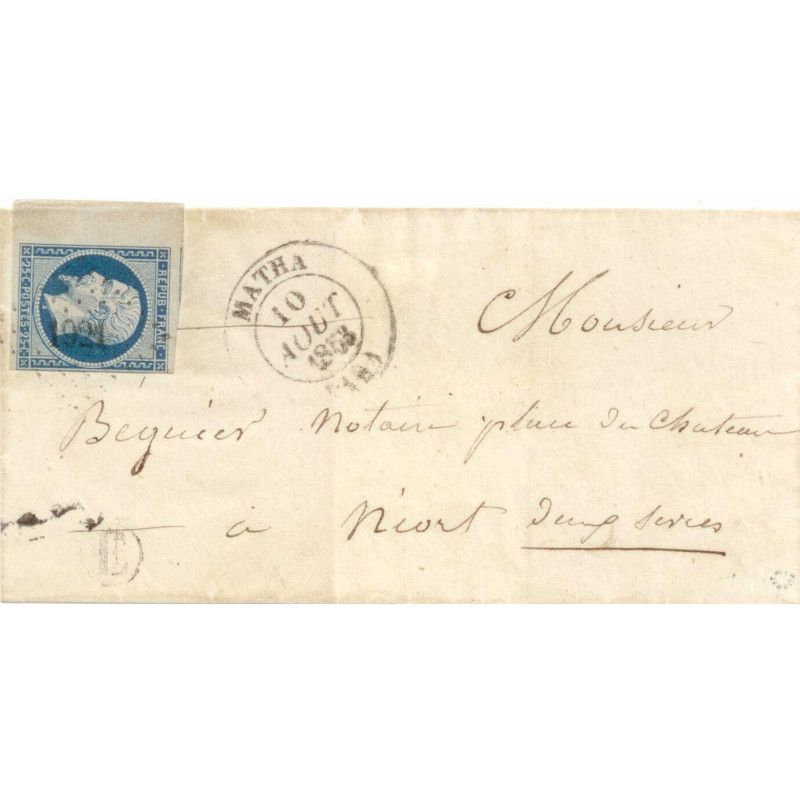 Présidence N°10 grand Bdf oblitéré PC1921 Matha sur pli de 1853.