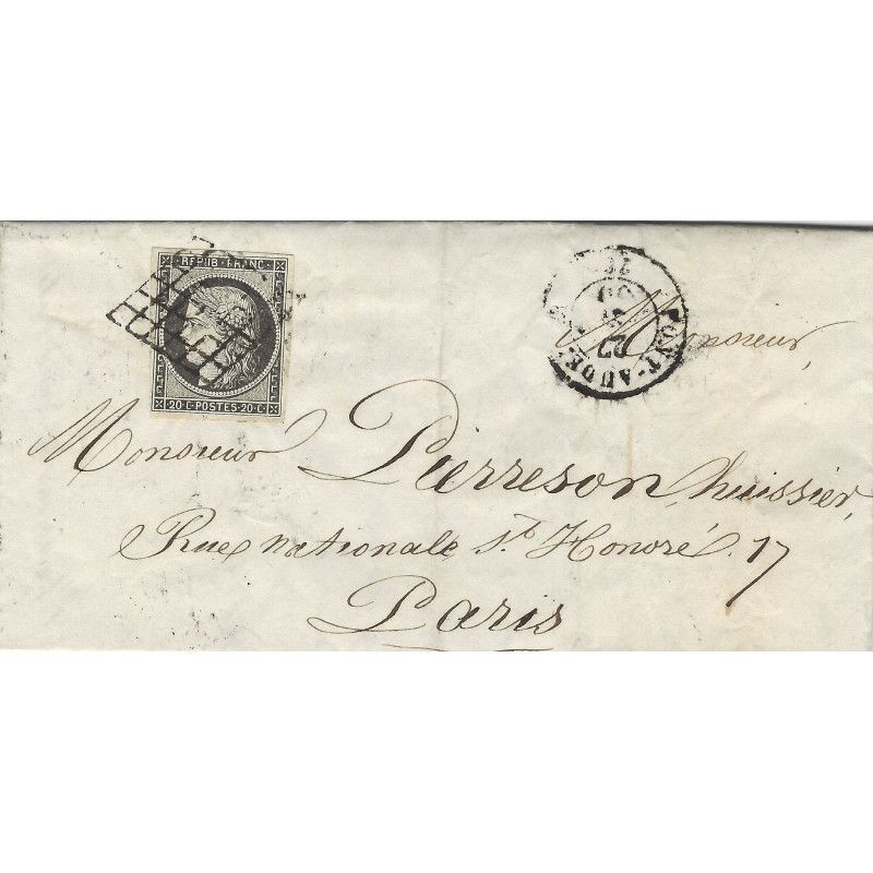Cérès N°3c gris-noir oblitéré grille sur pli de 1850. R
