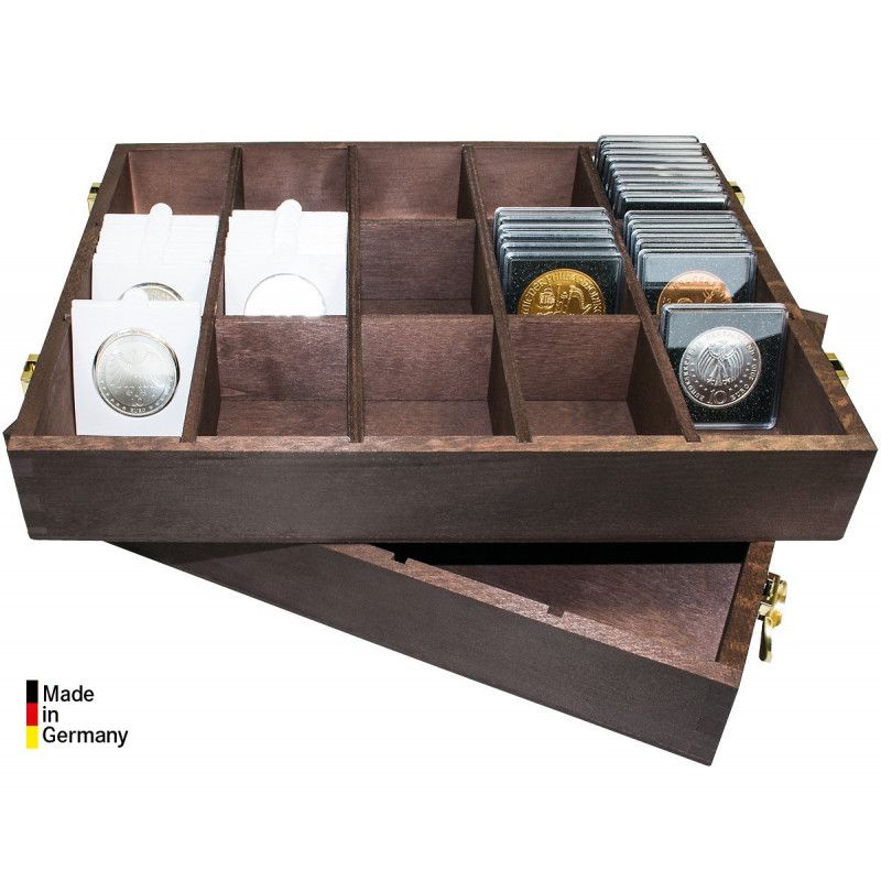 Coffret en bois naturel pour ranger 400 étuis numismatiques 50 x 50 mm.