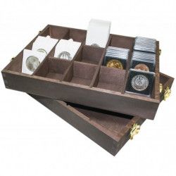 Coffret en bois naturel pour ranger 400 étuis numismatiques 50 x 50 mm.