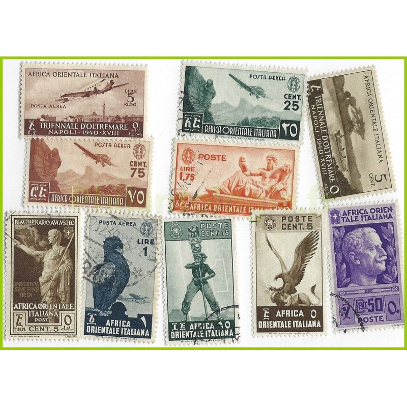 Afrique Orientale Italienne 10 timbres de collection tous différents.