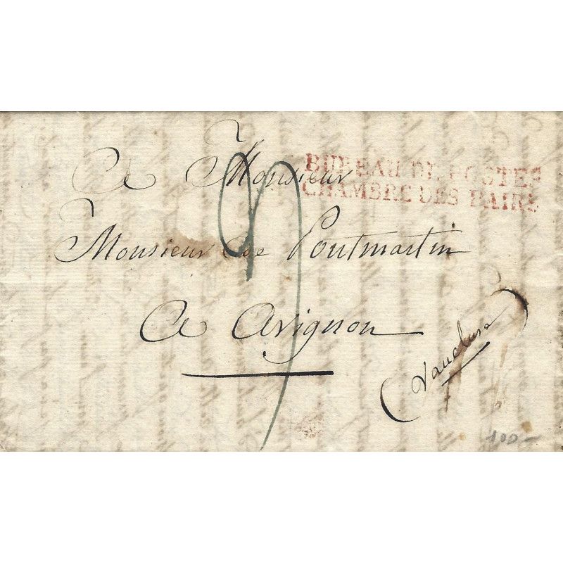 Marque postale Franchise BUREAU DE POSTES CHAMBRE DES PAIRS sur lettre de 1827.
