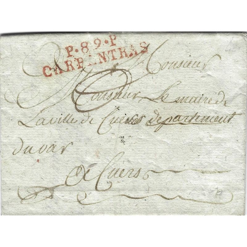 Marque postale P.89.P CARPENTRAS rouge sur lettre de 1809.