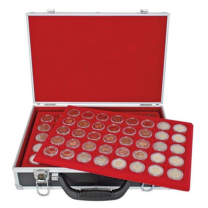 LINDNER Das Original Grande Valise numismatique de Collection avec 8 Plateaux Bleu foncé en 5 Variantes différentes, pour 355 Monnaies