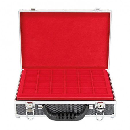 Mallette Aluminium Noire Pour Pièces – 6 Plateaux Velours Rouge | +225 Compartiments 24-45 Mm | Serrure + Poignée