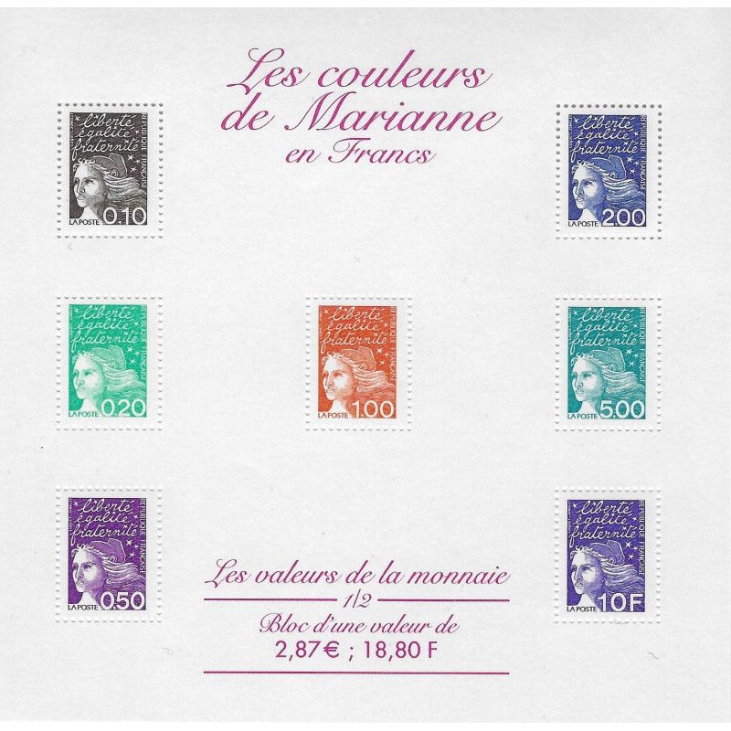 Bloc-feuillet de timbres N°41 Les valeurs de la monnaie en Francs neuf**.
