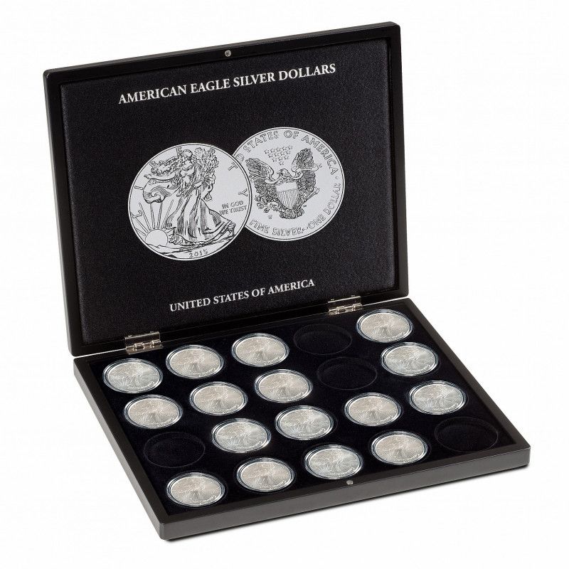 Coffret noir pour 20 pièces de 1 once argent Américain Eagle.