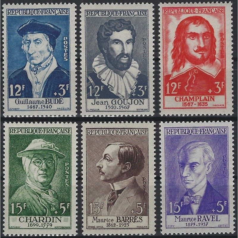 Célébrités 1956, timbres de France N°1066-1071 série neuf**.