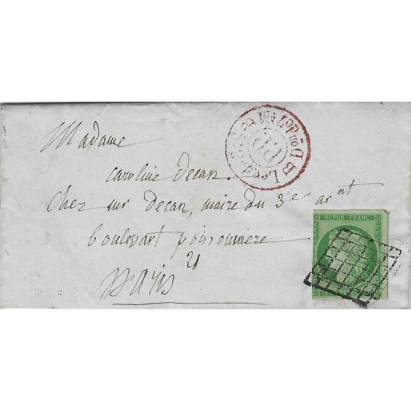 Cérès non dentelé N°2 oblitéré grille et PP Rouge sur lettre de Paris 1850. R